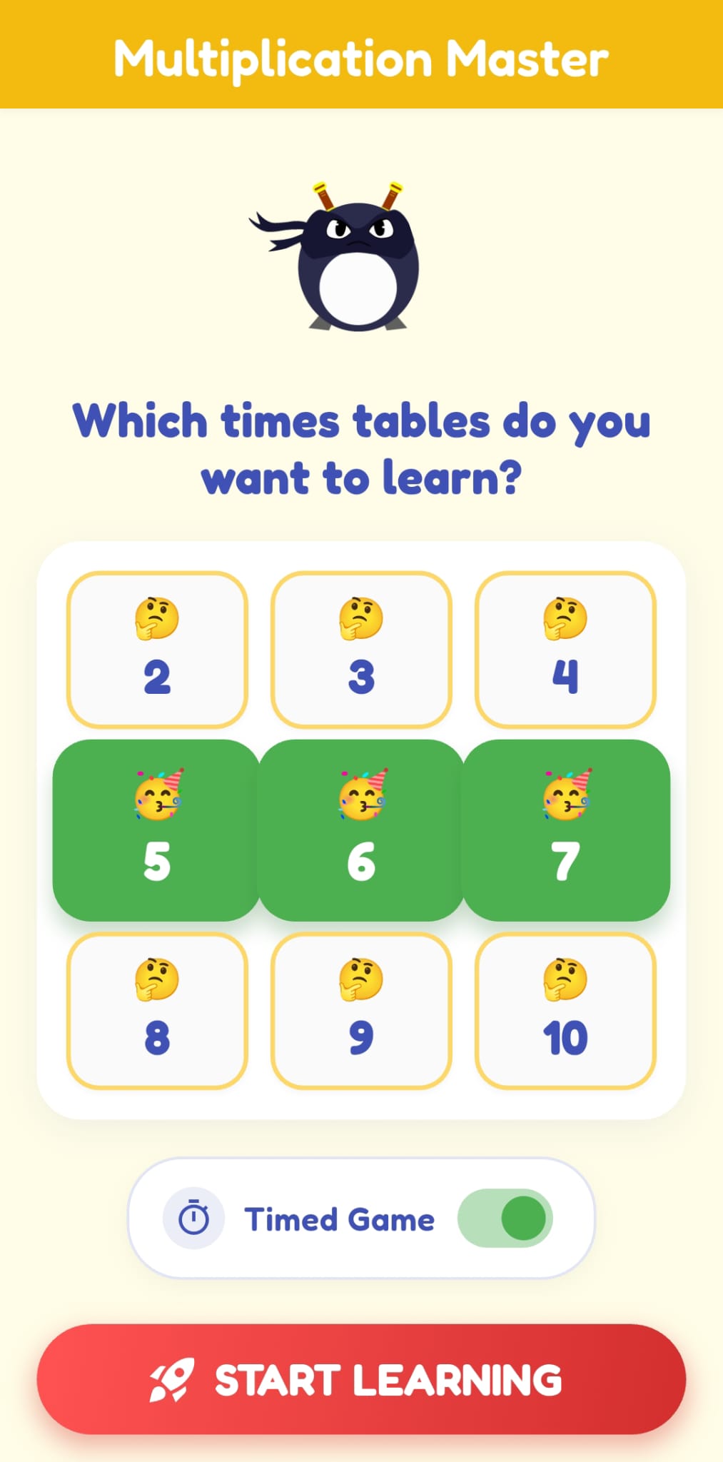 Home screen showing selectable times tables from 2 to 10 and a timed game toggle.