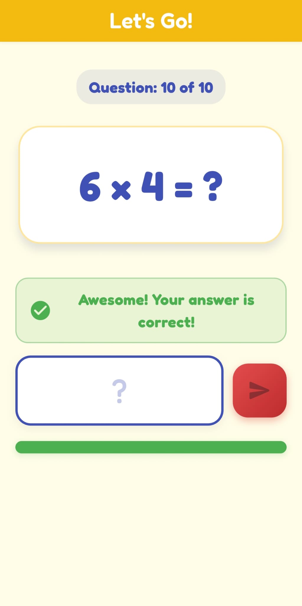 A practice question, 6 times 4, with a green banner confirming the answer is correct.