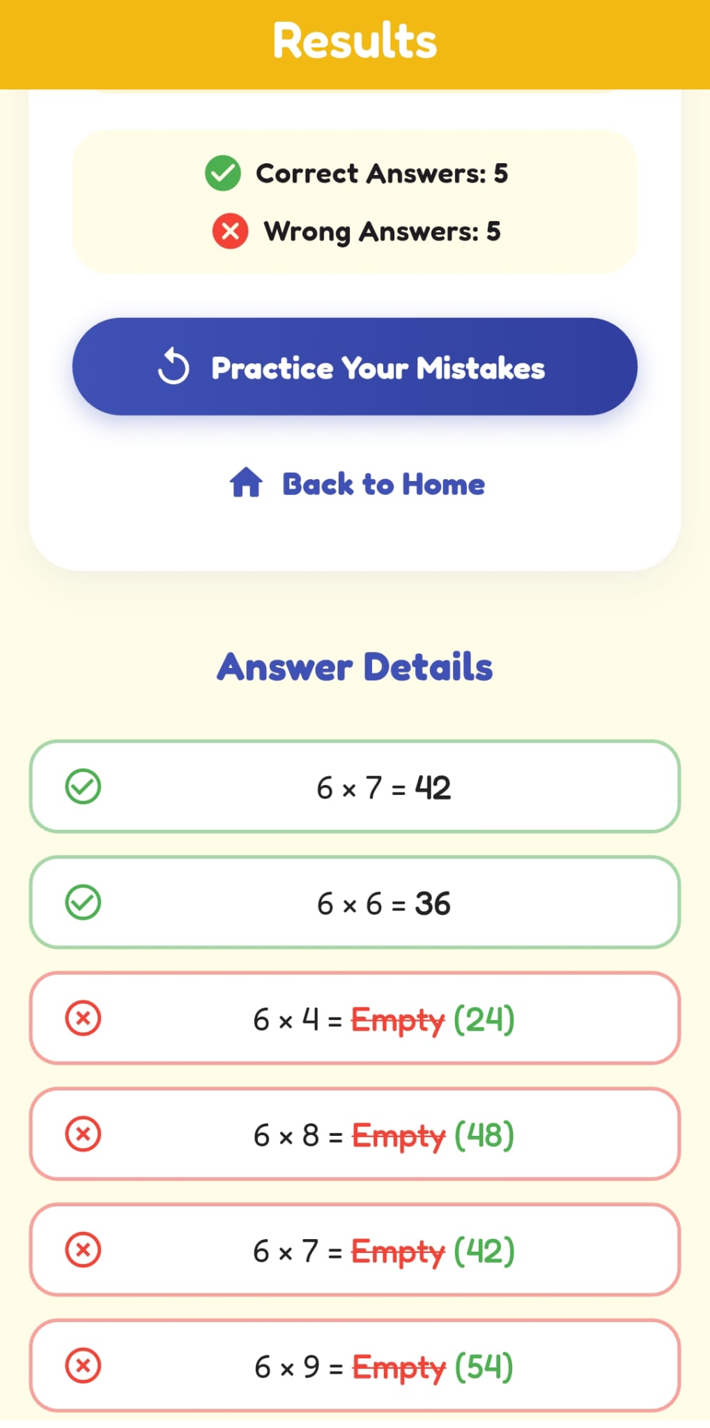 Results screen listing correct and wrong answers with a button to practise mistakes.